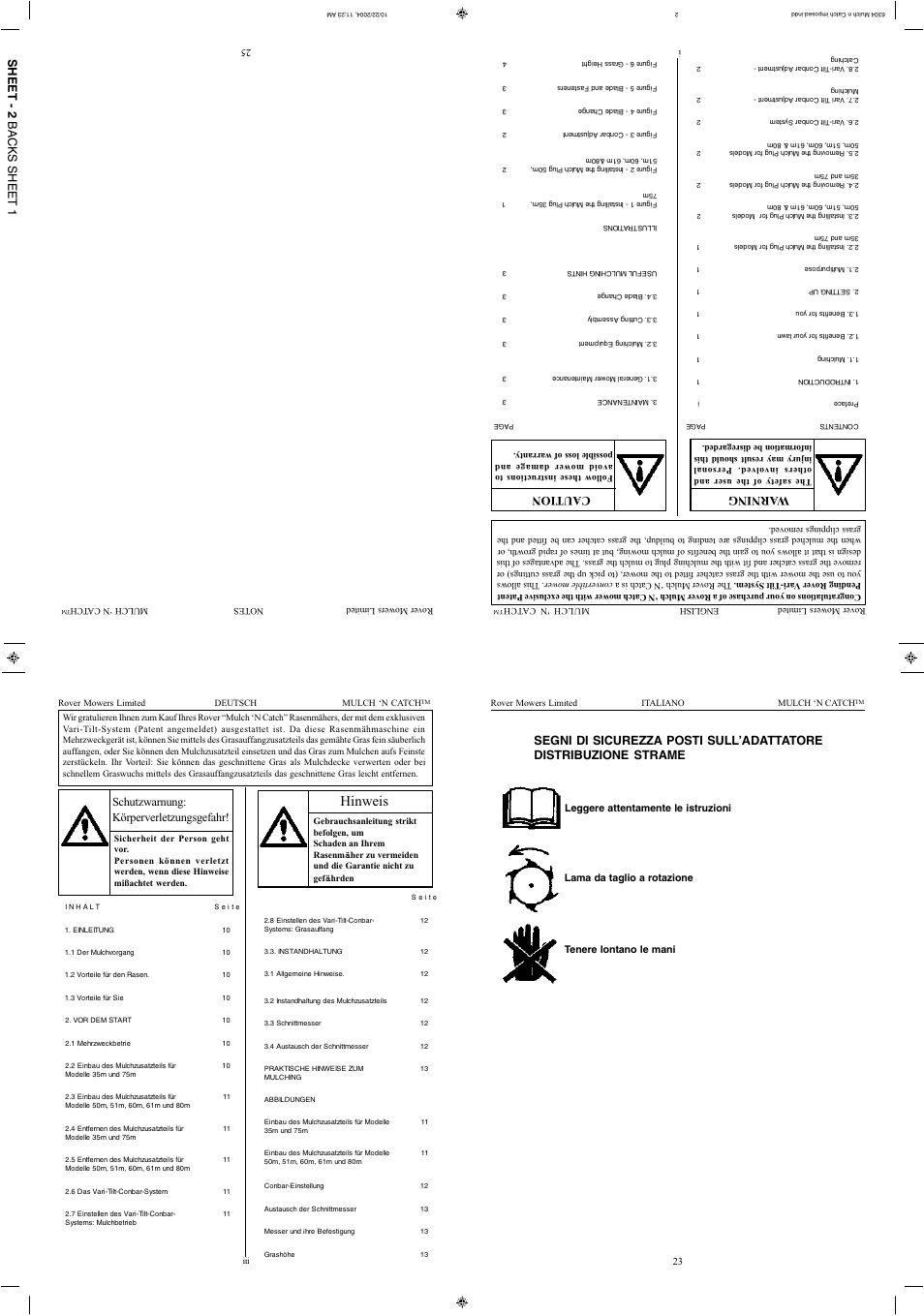 Hinweis, Sheet - 2 backs sheet 1, Schutzwarnung: körperverletzungsgefahr | W a rn in g, Caution | Rover 35m User Manual | Page 29 / 32