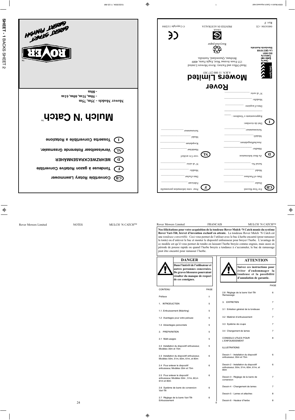 Rover mowers limited, Sheet - 1 backs sheet 2, Danger | Attention, Gb f nl d i | Rover 35m User Manual | Page 3 / 32