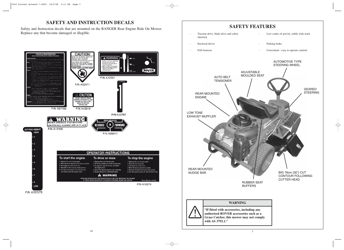 Safety and instruction decals, Safety features | Rover Ranger 53179 User Manual | Page 17 / 20