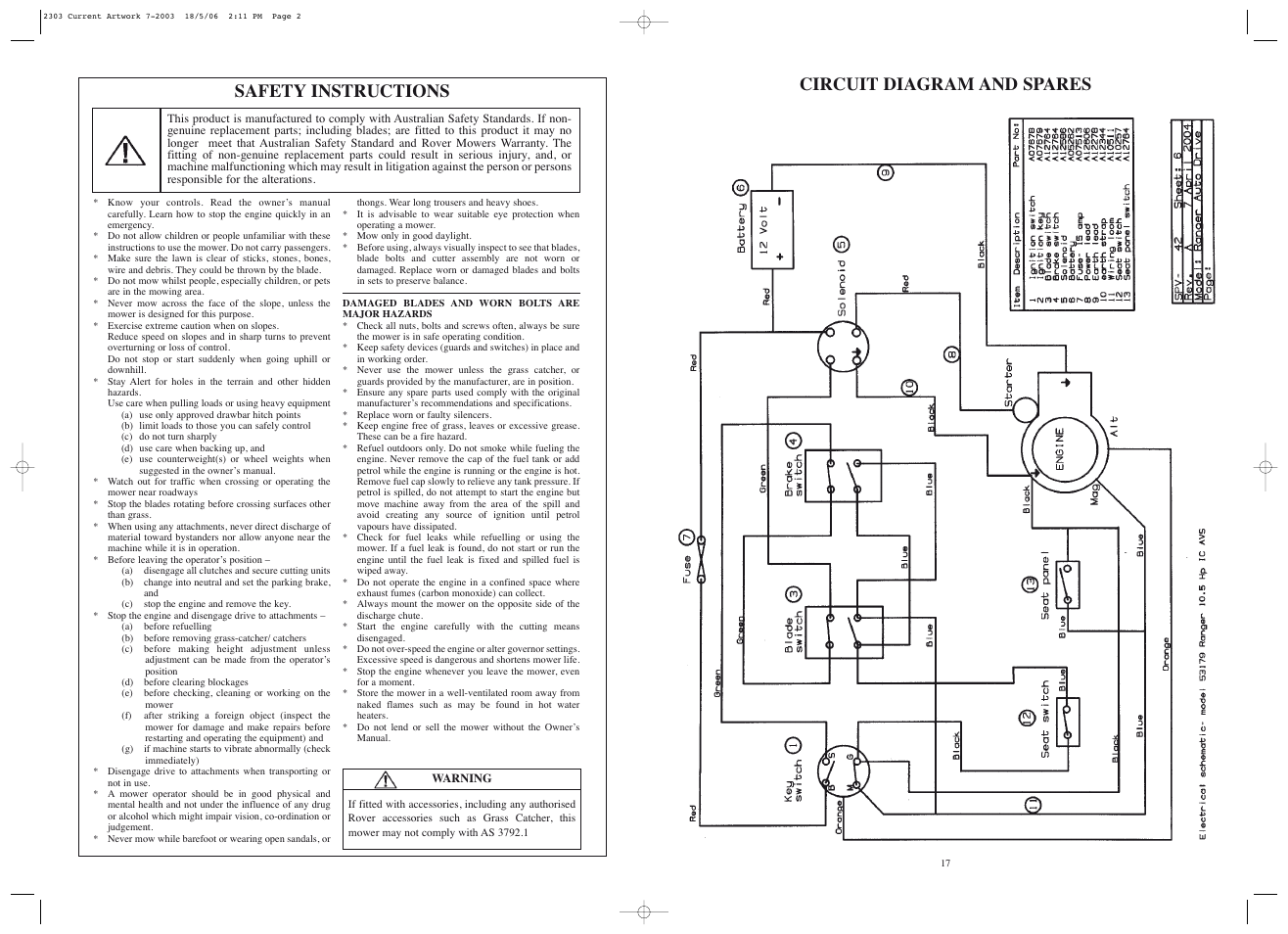 Safety instructions, Circuit diagram and spares | Rover Ranger 53179 User Manual | Page 18 / 20