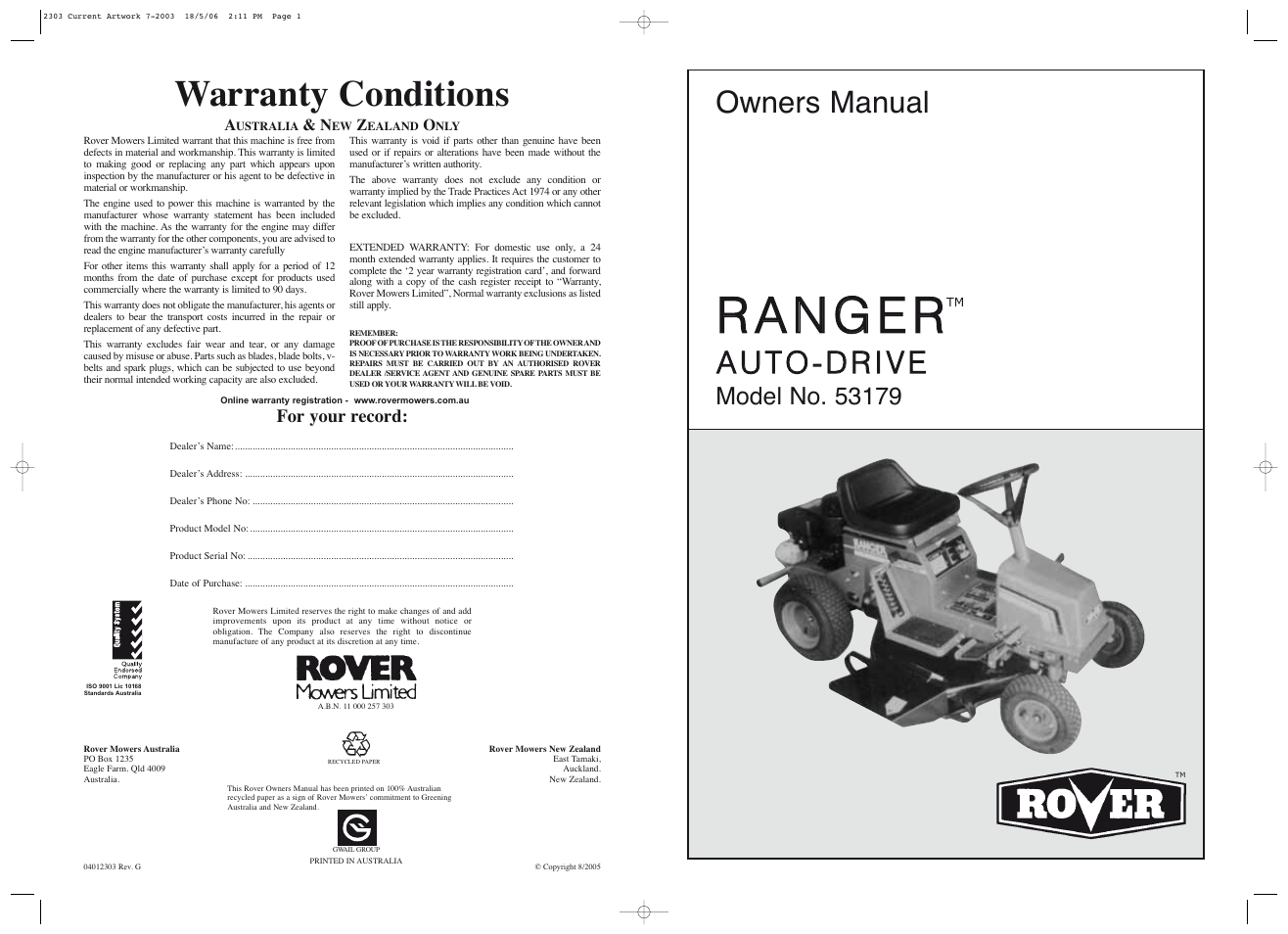 Warranty conditions, Owners manual | Rover Ranger 53179 User Manual | Page 20 / 20