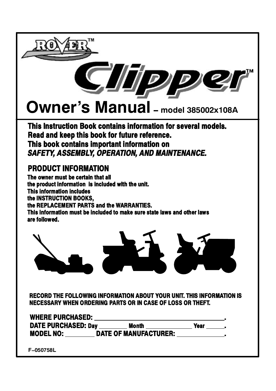 Rover Clipper 385002X108A User Manual | 52 pages