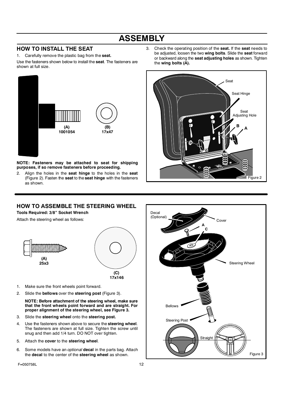 Assembly, How to install the seat, How to assemble the steering wheel | Rover Clipper 385002X108A User Manual | Page 12 / 52