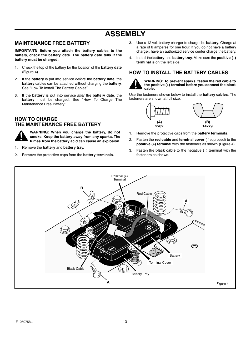 Assembly, Maintenance free battery, How to charge the maintenance free battery | How to install the battery cables | Rover Clipper 385002X108A User Manual | Page 13 / 52