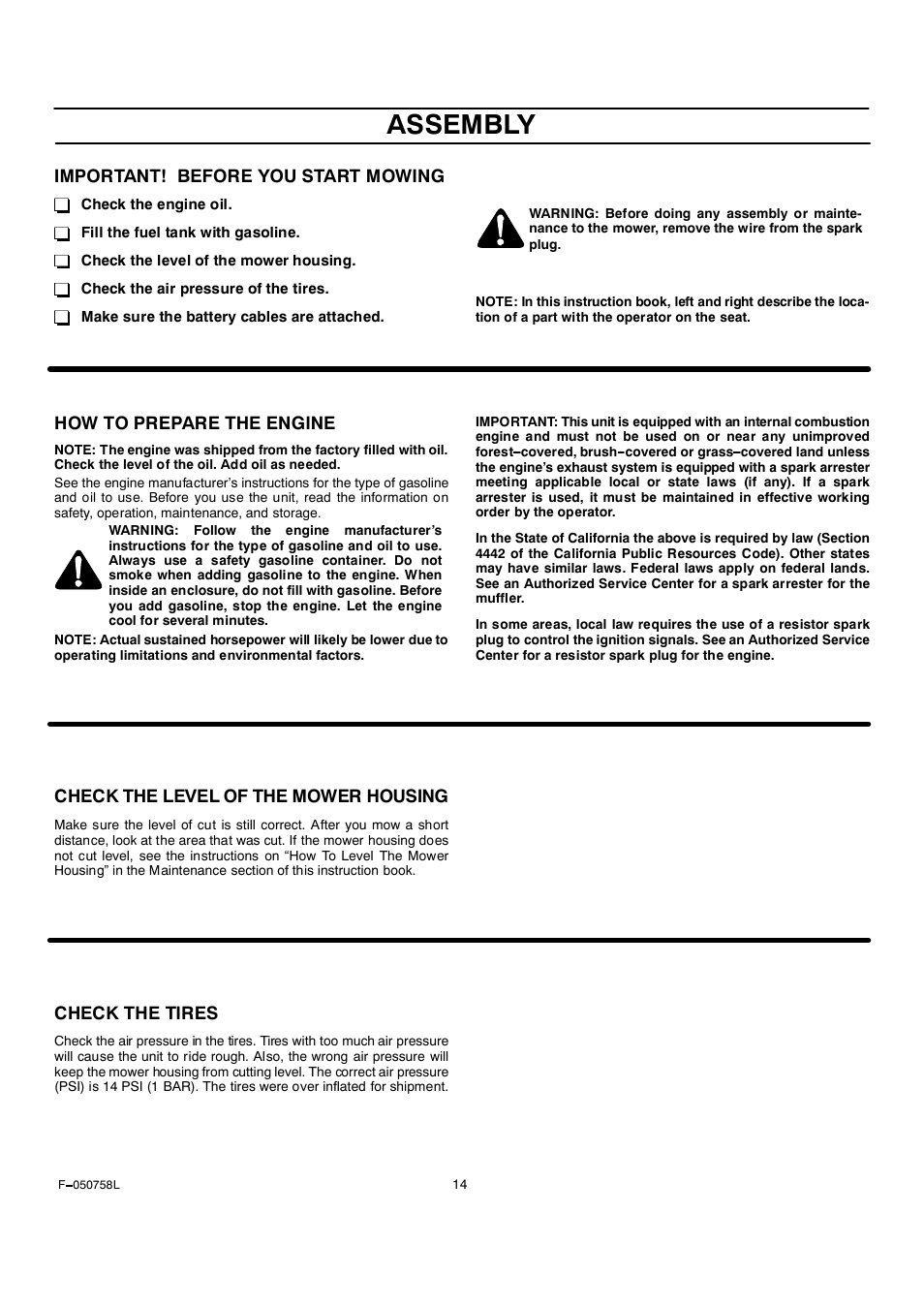 Assembly, Important! before you start mowing, How to prepare the engine | Check the level of the mower housing, Check the tires | Rover Clipper 385002X108A User Manual | Page 14 / 52