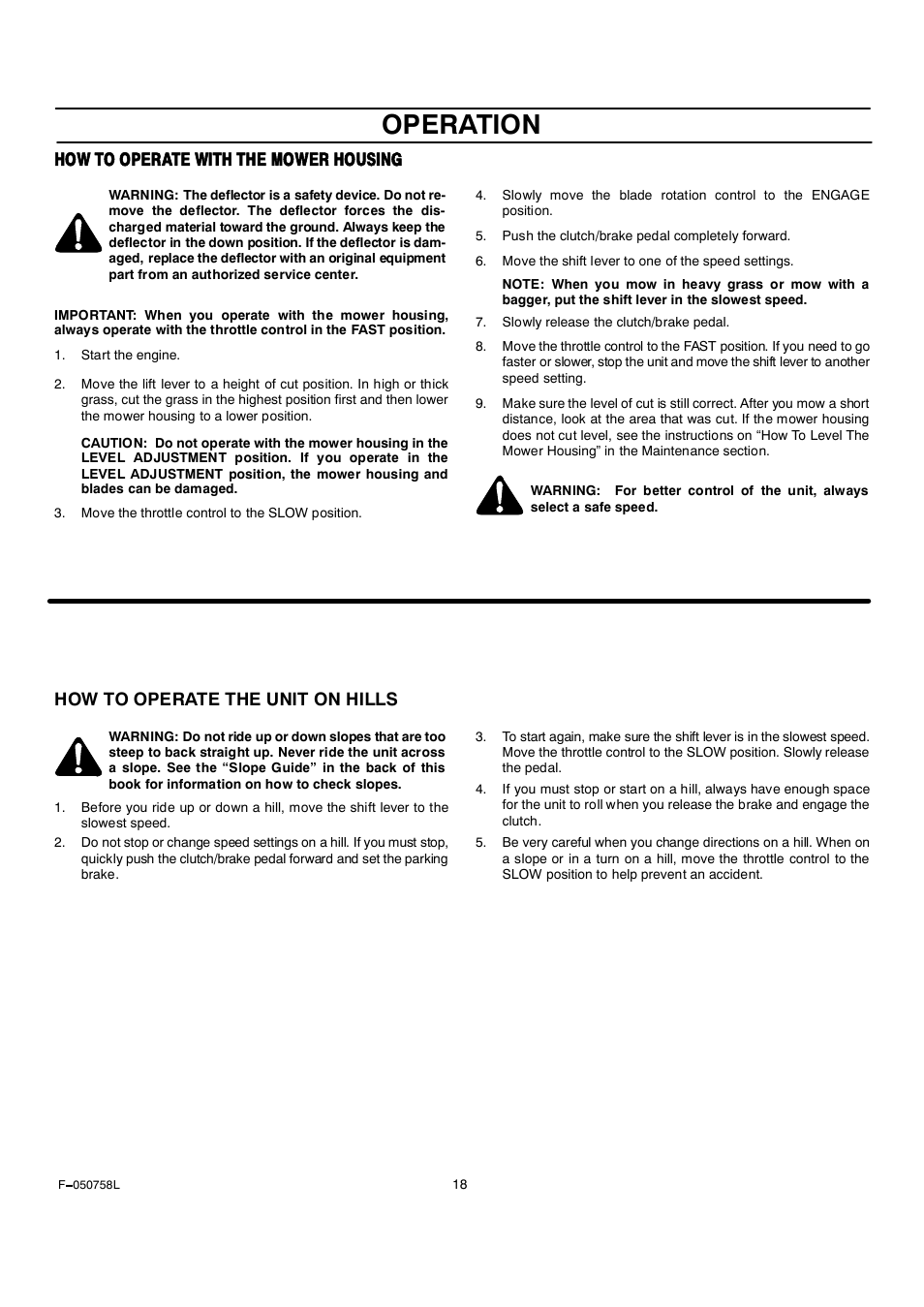 Operation, Шсй мс срыоямы йчмш мшы усйыо шслнчтщ, How to operate the unit on hills | Rover Clipper 385002X108A User Manual | Page 18 / 52