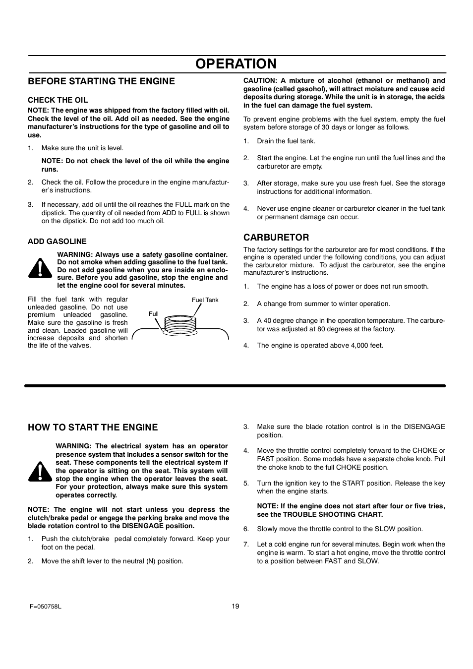 Operation, Before starting the engine, Carburetor | How to start the engine | Rover Clipper 385002X108A User Manual | Page 19 / 52