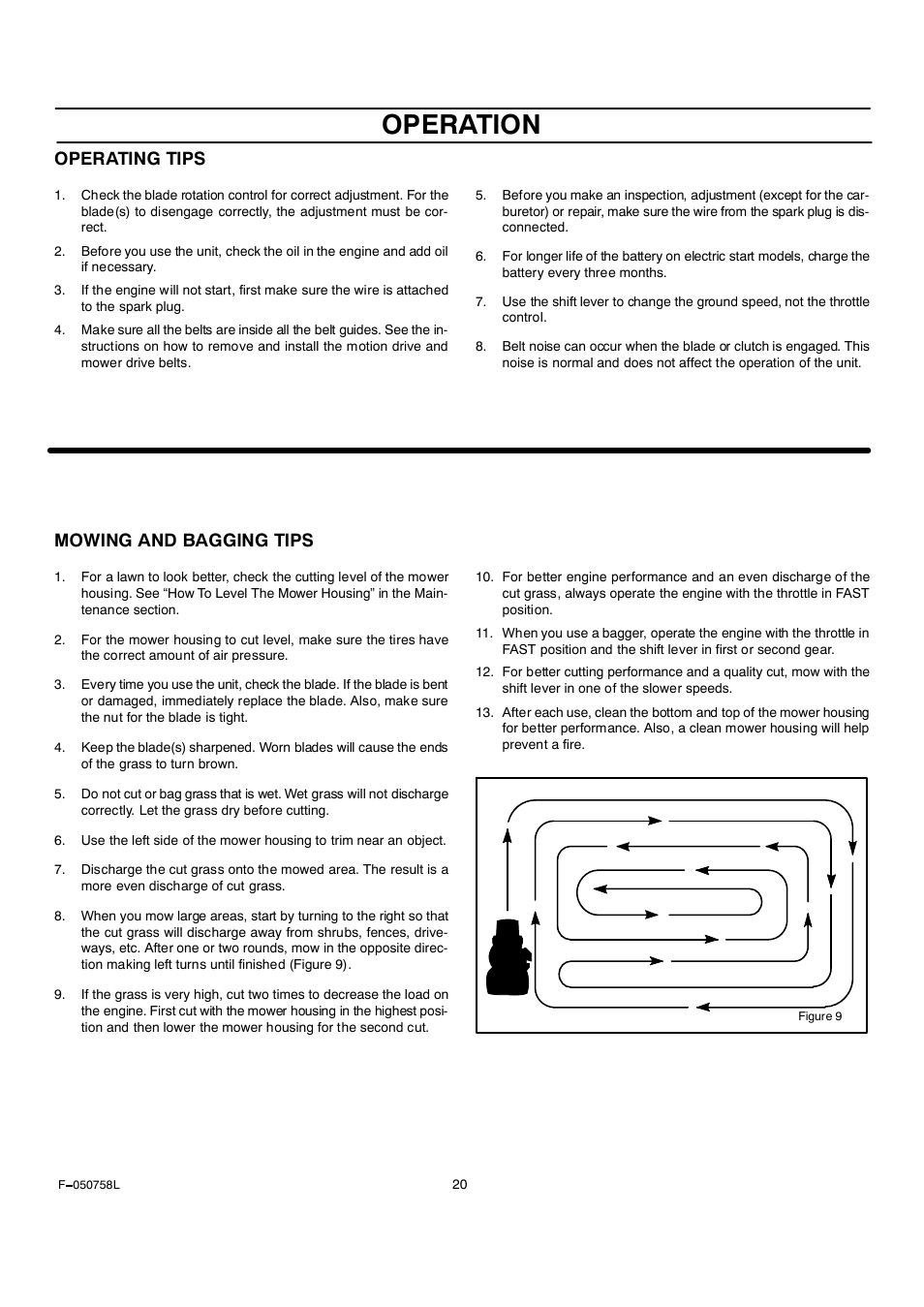 Operation, Operating tips, Mowing and bagging tips | Rover Clipper 385002X108A User Manual | Page 20 / 52