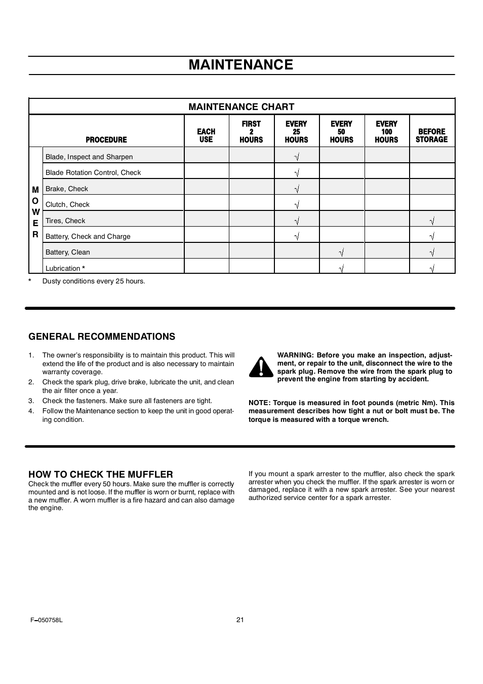 Maintenance, Maintenance chart, General recommendations | How to check the muffler | Rover Clipper 385002X108A User Manual | Page 21 / 52