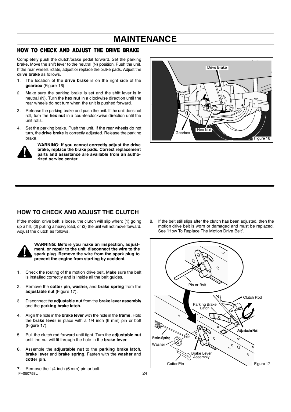 Maintenance, Шсй мс эшыэх ять яьцлнм мшы ьочкы юояхы, How to check and adjust the clutch | Rover Clipper 385002X108A User Manual | Page 24 / 52