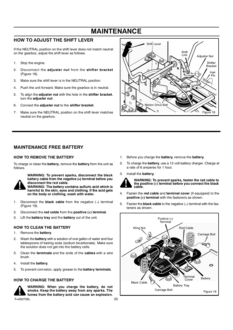 Maintenance, How to adjust the shift lever, Maintenance free battery | Rover Clipper 385002X108A User Manual | Page 25 / 52