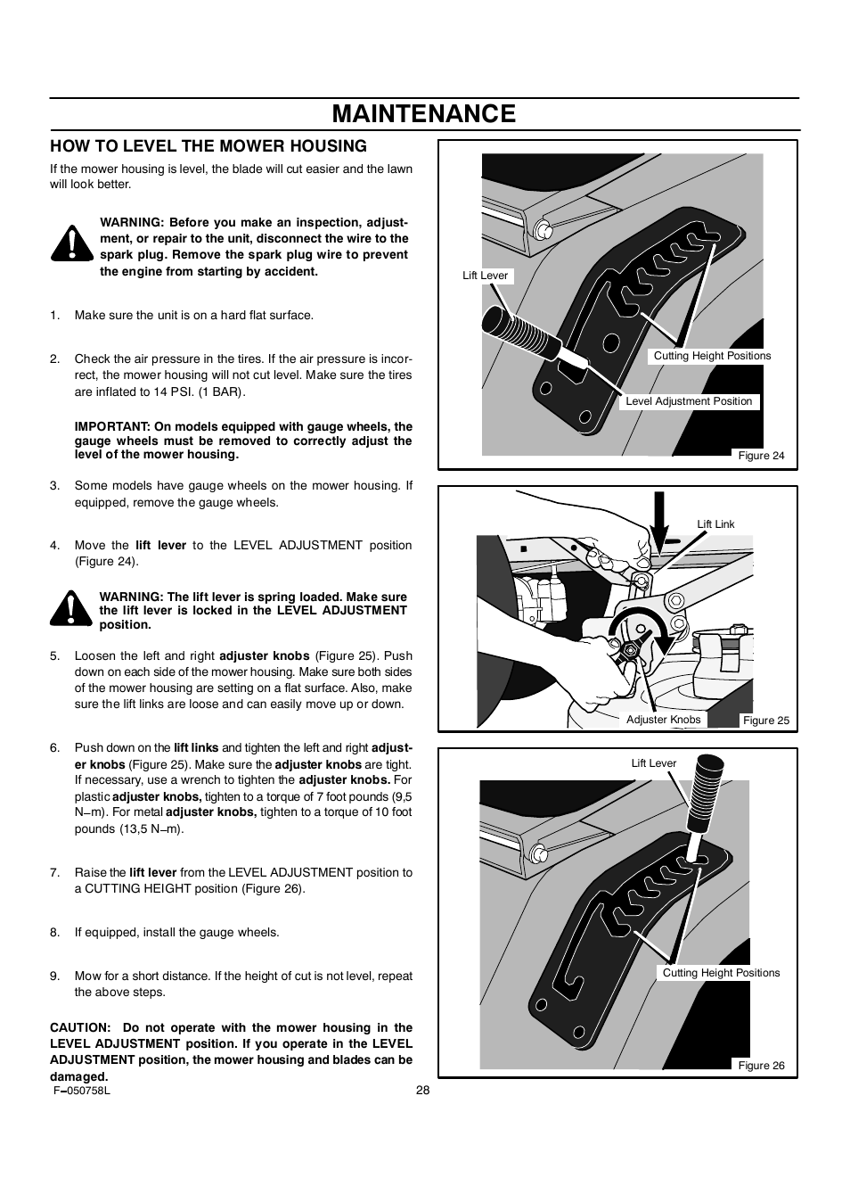 Maintenance, How to level the mower housing | Rover Clipper 385002X108A User Manual | Page 28 / 52