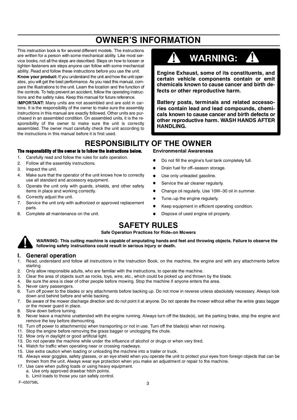 Owners information, Responsibility of the owner, Safety rules | I. general operation | Rover Clipper 385002X108A User Manual | Page 3 / 52