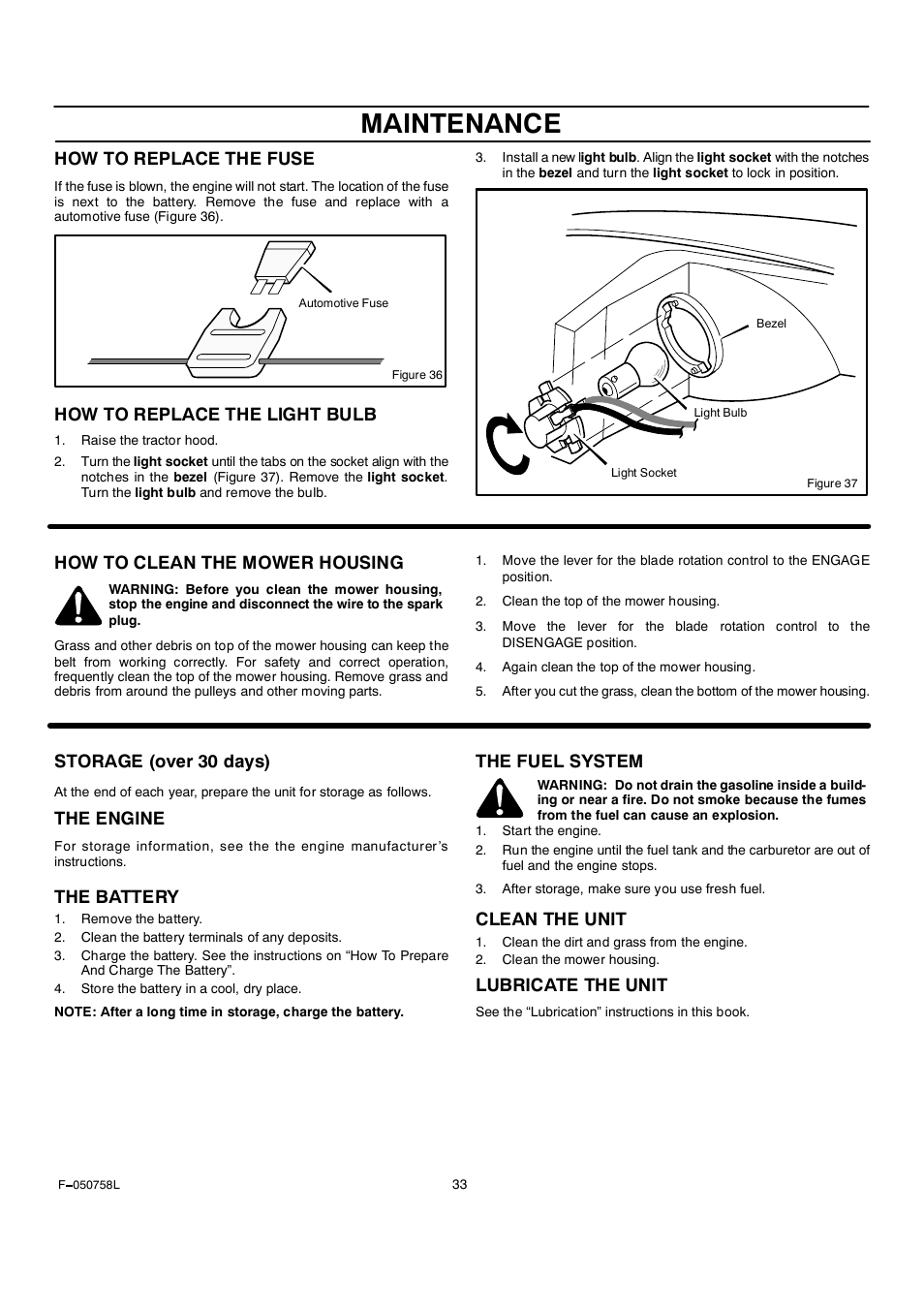 Maintenance, How to replace the fuse, How to replace the light bulb | How to clean the mower housing, Storage (over 30 days), The engine, The battery, The fuel system, Clean the unit, Lubricate the unit | Rover Clipper 385002X108A User Manual | Page 33 / 52
