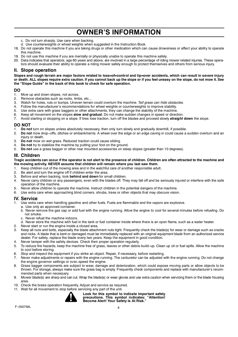 Owners information, Ii. slope operation, Iii. children | Iv. service | Rover Clipper 385002X108A User Manual | Page 4 / 52