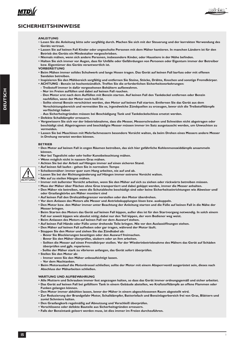 Sicherheitshinweise, Deutsch | Rover 51  EU User Manual | Page 18 / 92