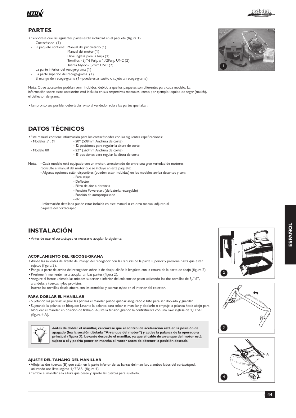 Datos técnicos, Instalación, Partes | Esp añol | Rover 51  EU User Manual | Page 47 / 92