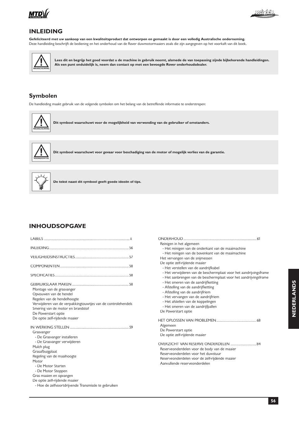 Inleiding, Symbolen, Inhoudsopgave | Nederl ands | Rover 51  EU User Manual | Page 59 / 92