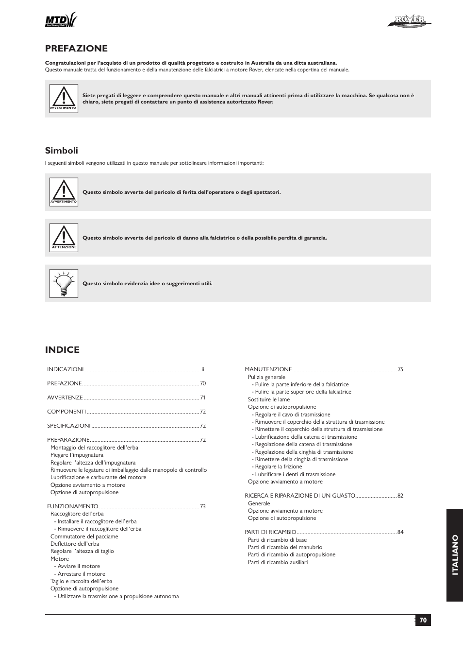 Prefazione, Simboli, Indice | It aliano | Rover 51  EU User Manual | Page 73 / 92