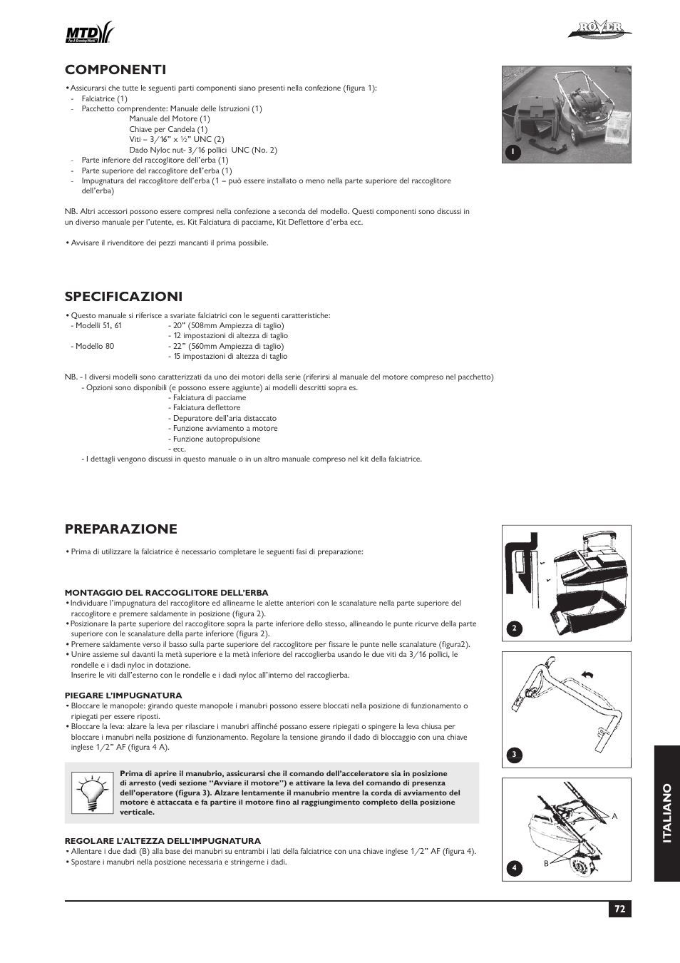 Specificazioni, Preparazione, Componenti | It aliano | Rover 51  EU User Manual | Page 75 / 92