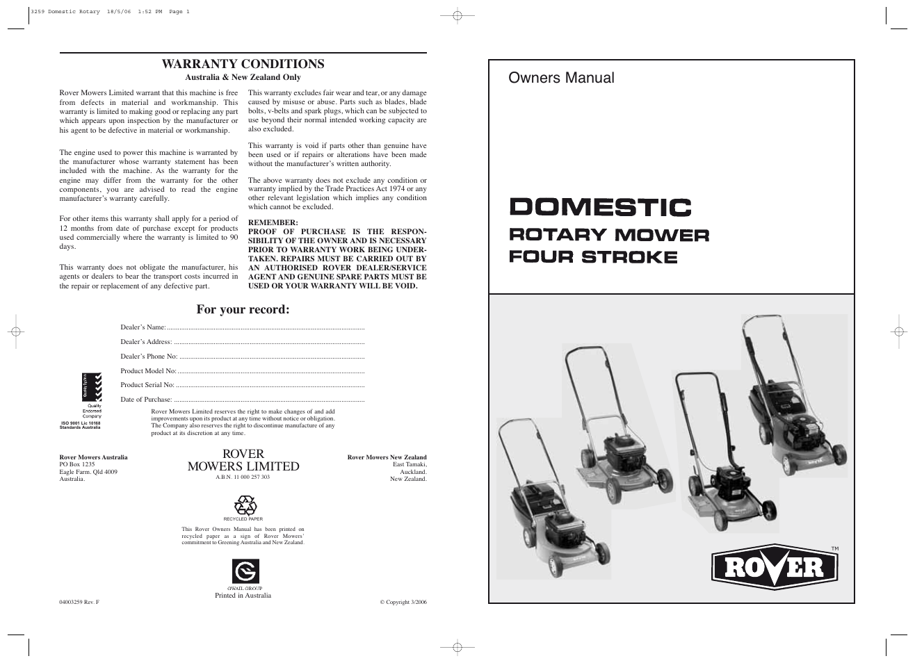 Owners manual, Warranty conditions, For your record | Rover mowers limited | Rover Domestic Rotary Mower User Manual | Page 12 / 12