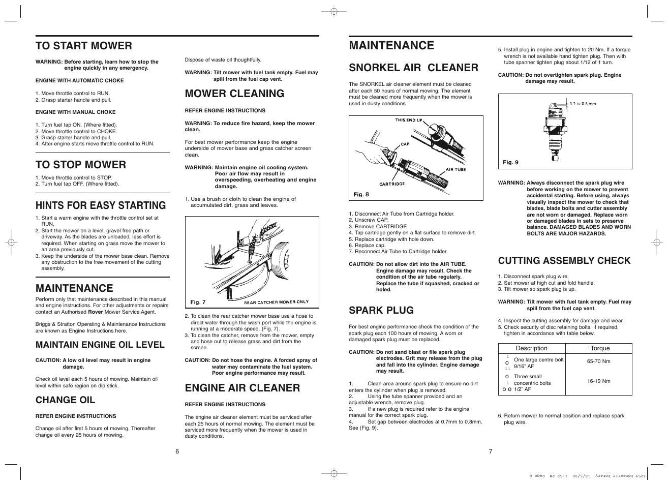 Maintenance, Mower cleaning, Engine air cleaner | Snorkel air cleaner, Spark plug, Change oil, Cutting assembly check, Maintain engine oil level | Rover Domestic Rotary Mower User Manual | Page 7 / 12