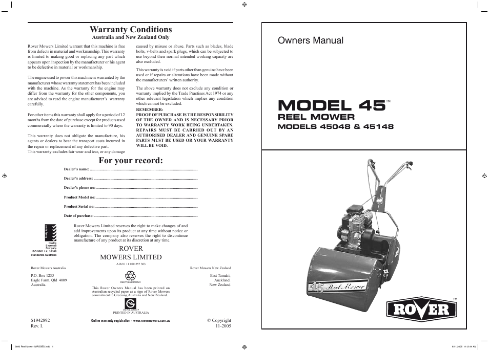 Model 45, Owners manual, Warranty conditions | For your record, Reel mower, Rover mowers limited | Rover 45048 User Manual | Page 12 / 12