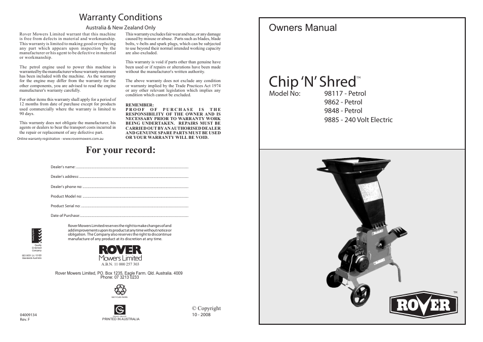 Chip ‘n’ shred, Owners manual, Warranty conditions | For your record | Rover 98117  EN User Manual | Page 12 / 12