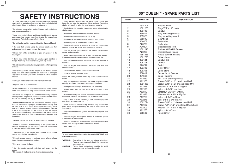 Safety instructions, 30” queen, Spare parts list | Rover 300361 User Manual | Page 27 / 28