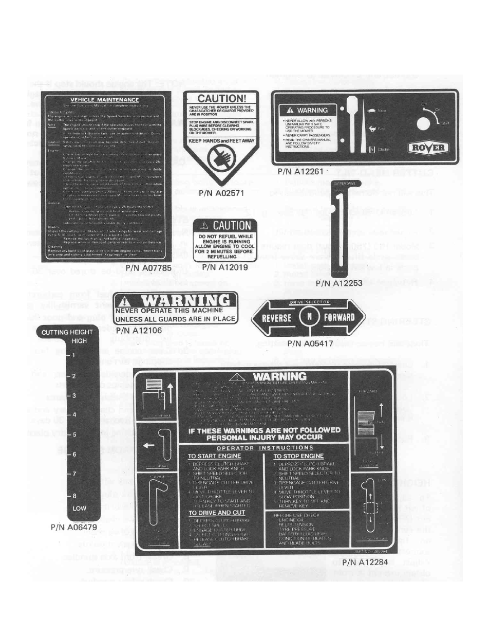 Safety and instruction decals | Rover 5377 - 12HP User Manual | Page 14 / 28