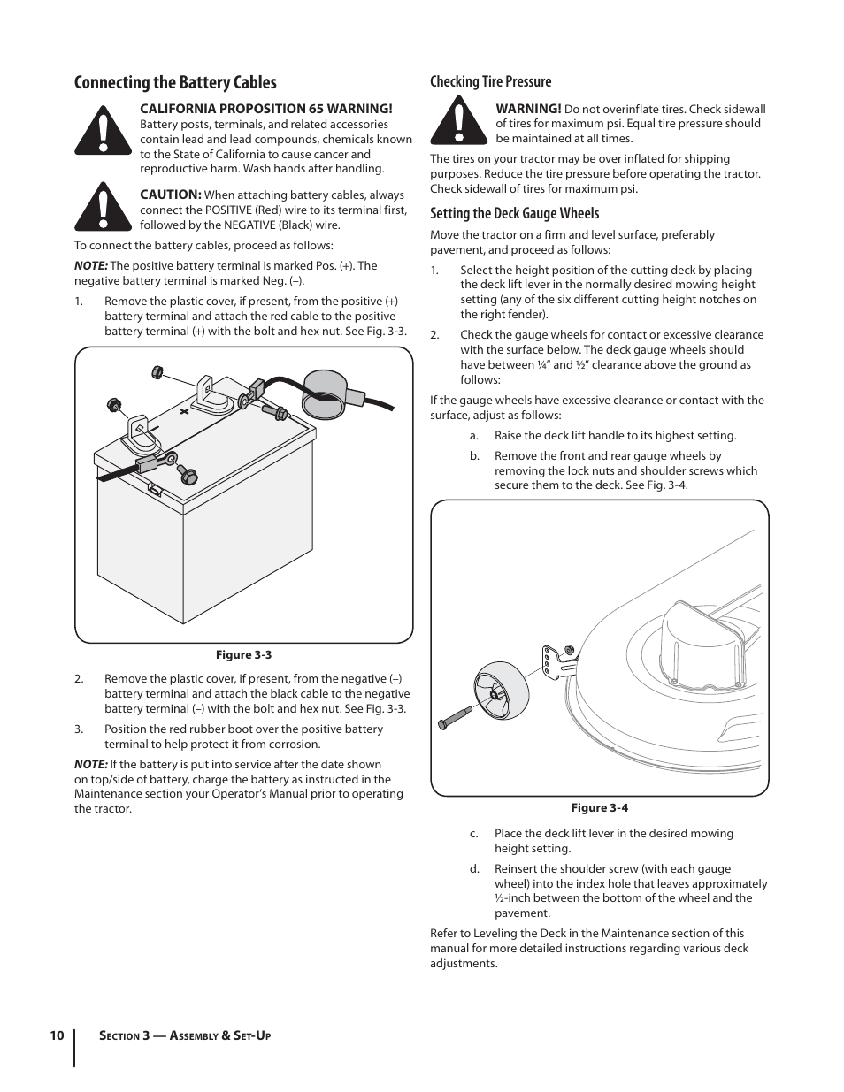 Connecting the battery cables, Checking tire pressure, Setting the deck gauge wheels | Rover 2042 User Manual | Page 10 / 33