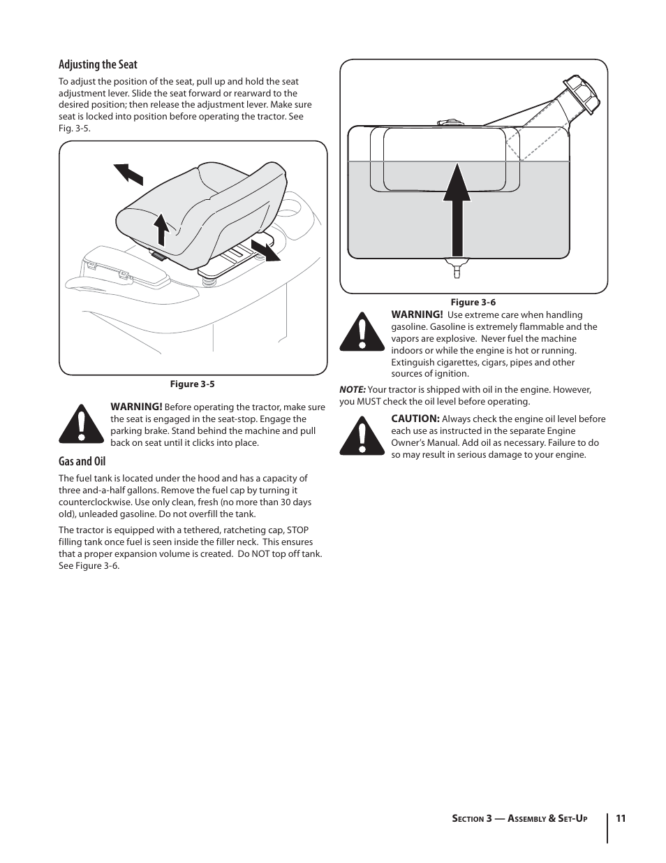 Adjusting the seat, Gas and oil | Rover 2042 User Manual | Page 11 / 33