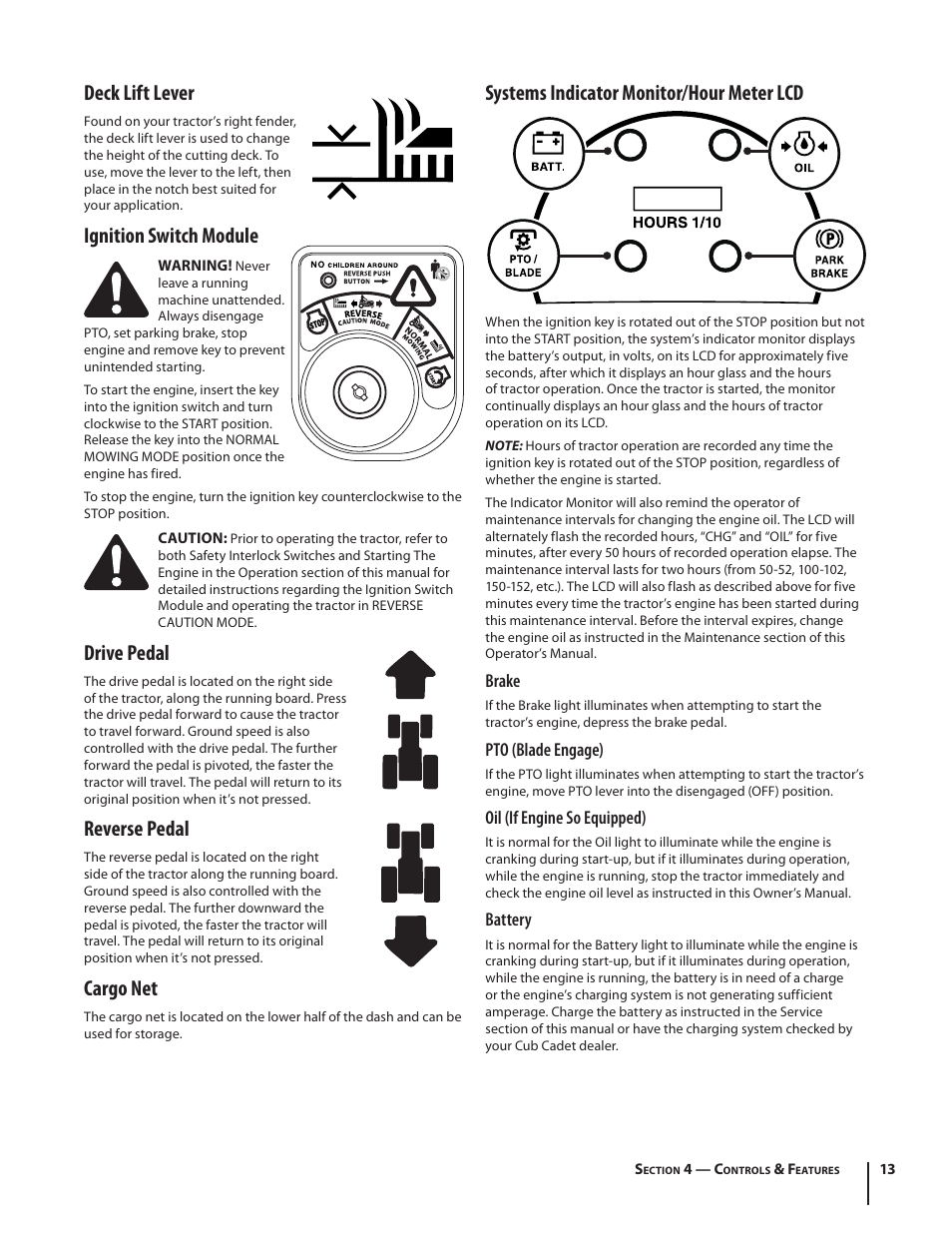 Deck lift lever, Ignition switch module, Drive pedal | Reverse pedal, Cargo net, Systems indicator monitor/hour meter lcd | Rover 2042 User Manual | Page 13 / 33