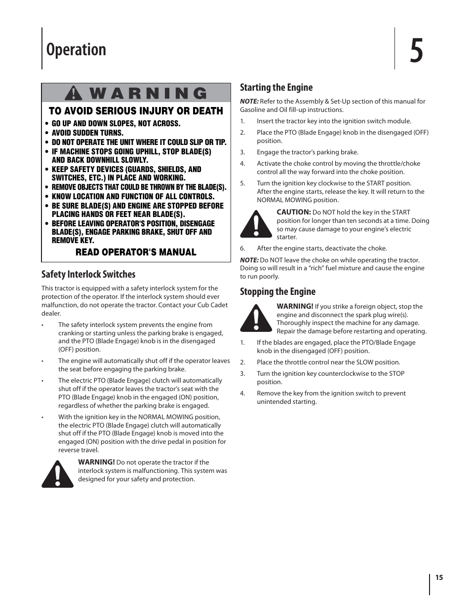 Operation, Safety interlock switches, Starting the engine | Stopping the engine | Rover 2042 User Manual | Page 15 / 33