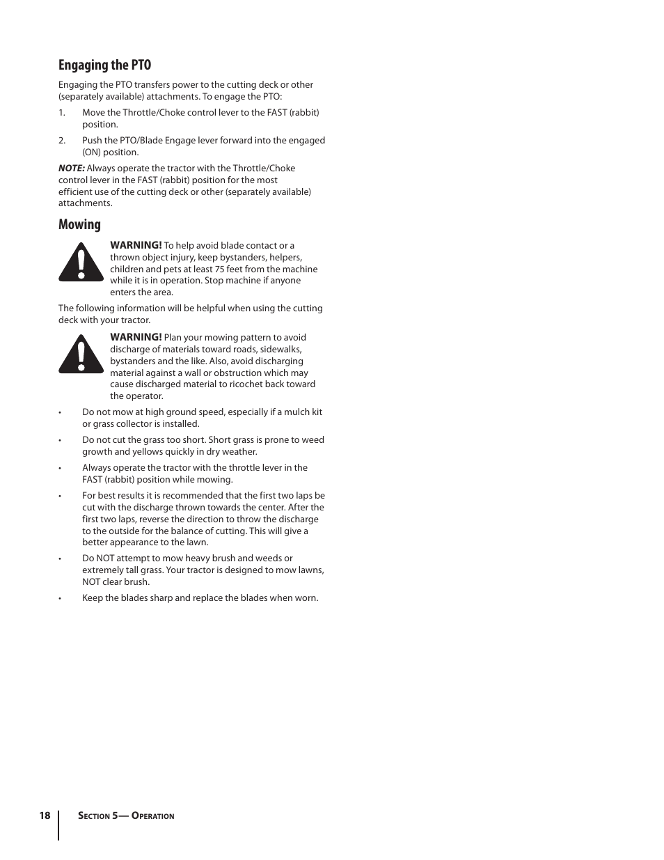 Engaging the pto, Mowing | Rover 2042 User Manual | Page 18 / 33