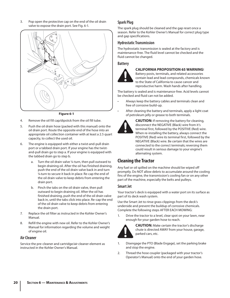 Cleaning the tractor, Air cleaner, Spark plug | Hydrostatic transmission, Battery, Smart jet | Rover 2042 User Manual | Page 20 / 33