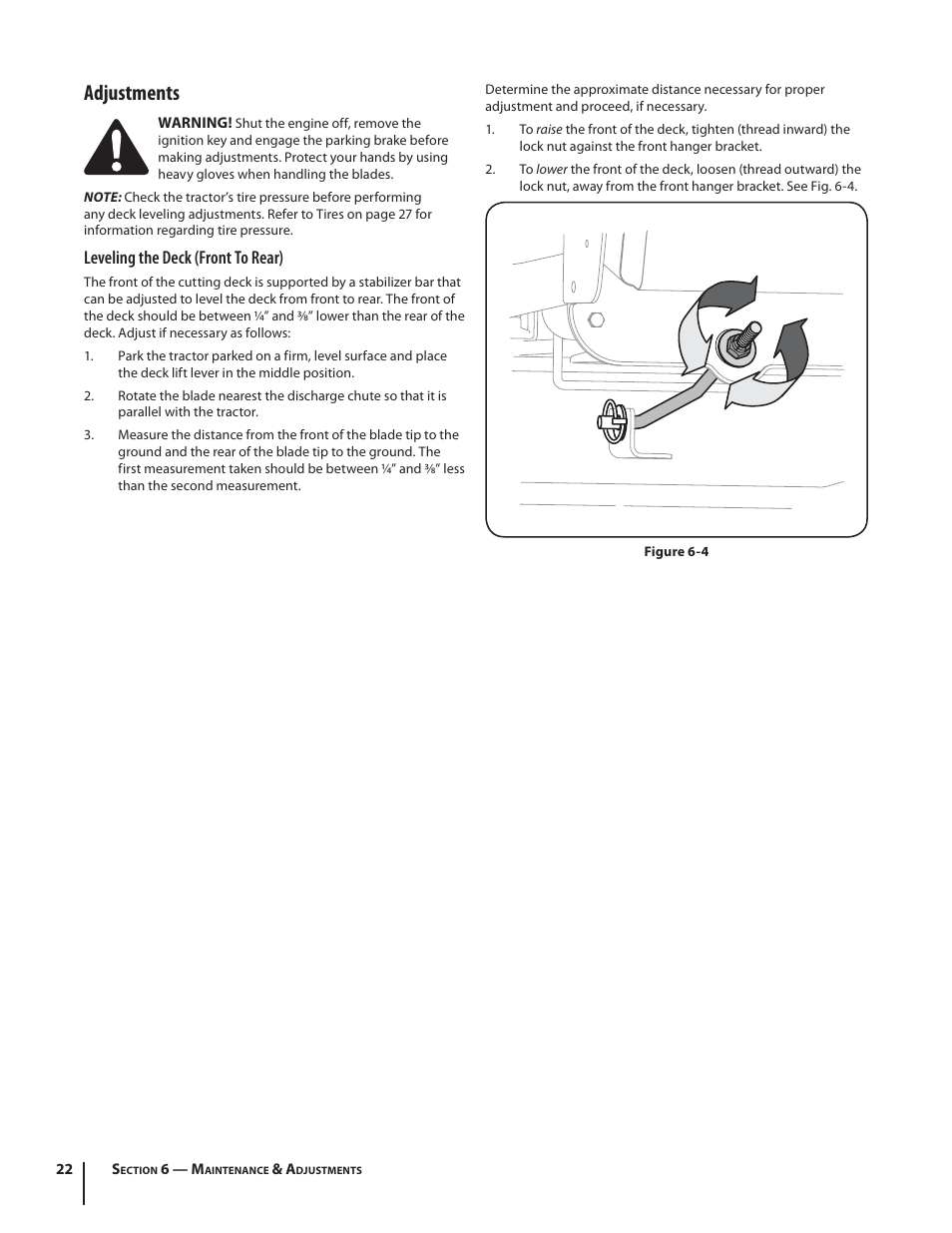 Adjustments, Leveling the deck (front to rear) | Rover 2042 User Manual | Page 22 / 33