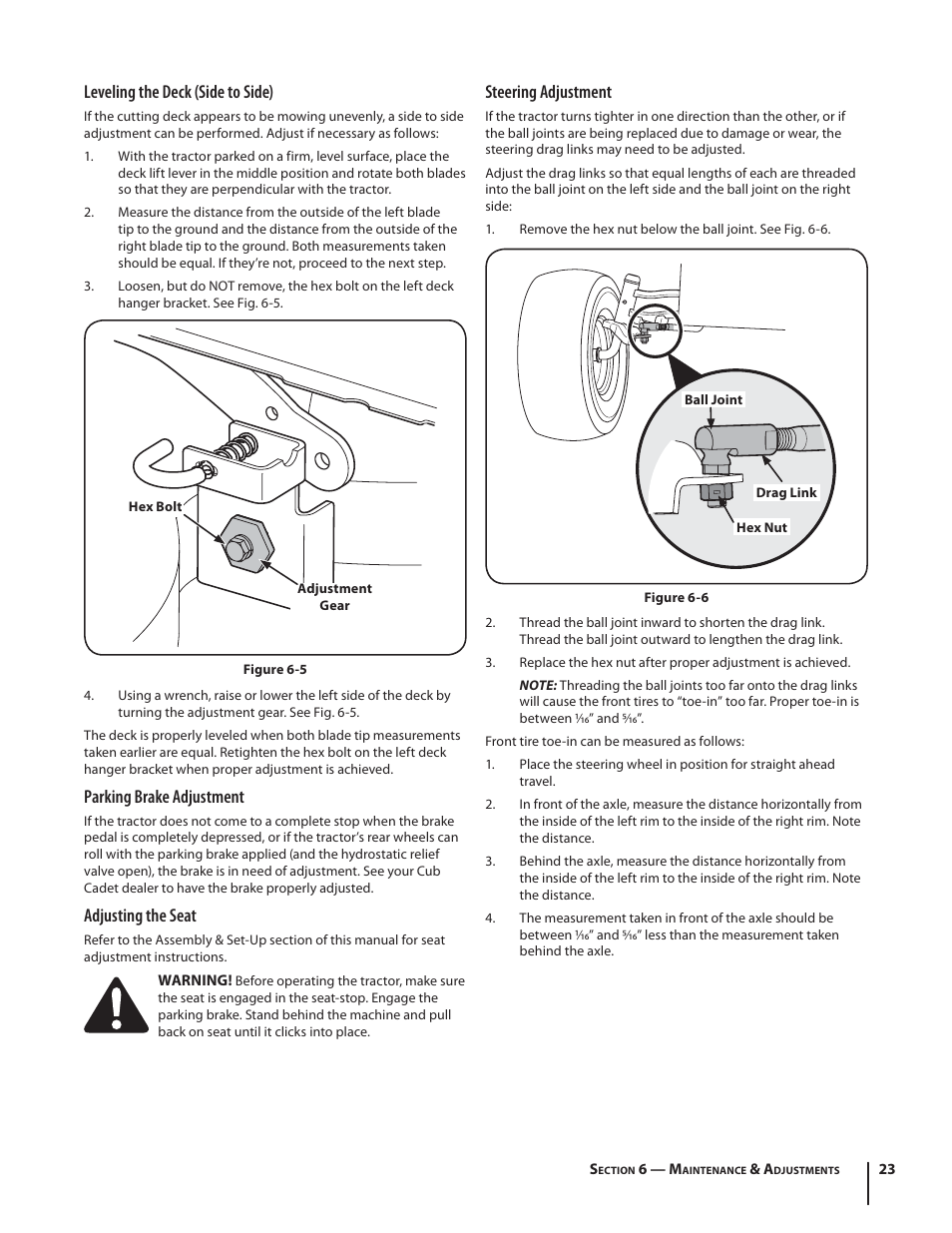 Steering adjustment, Leveling the deck (side to side), Parking brake adjustment | Adjusting the seat | Rover 2042 User Manual | Page 23 / 33