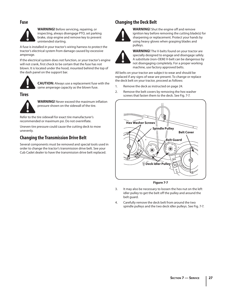 Fuse, Tires, Changing the transmission drive belt | Changing the deck belt | Rover 2042 User Manual | Page 27 / 33