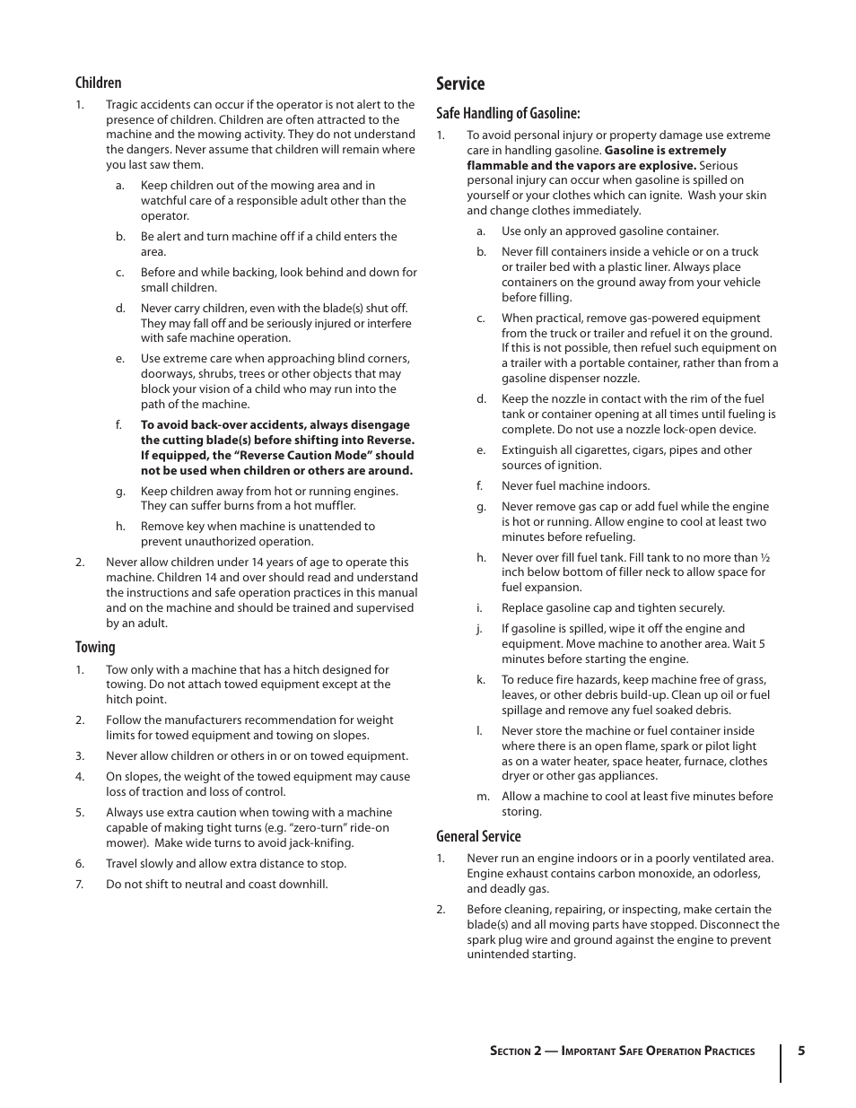 Service, Children, Towing | Safe handling of gasoline, General service | Rover 2042 User Manual | Page 5 / 33