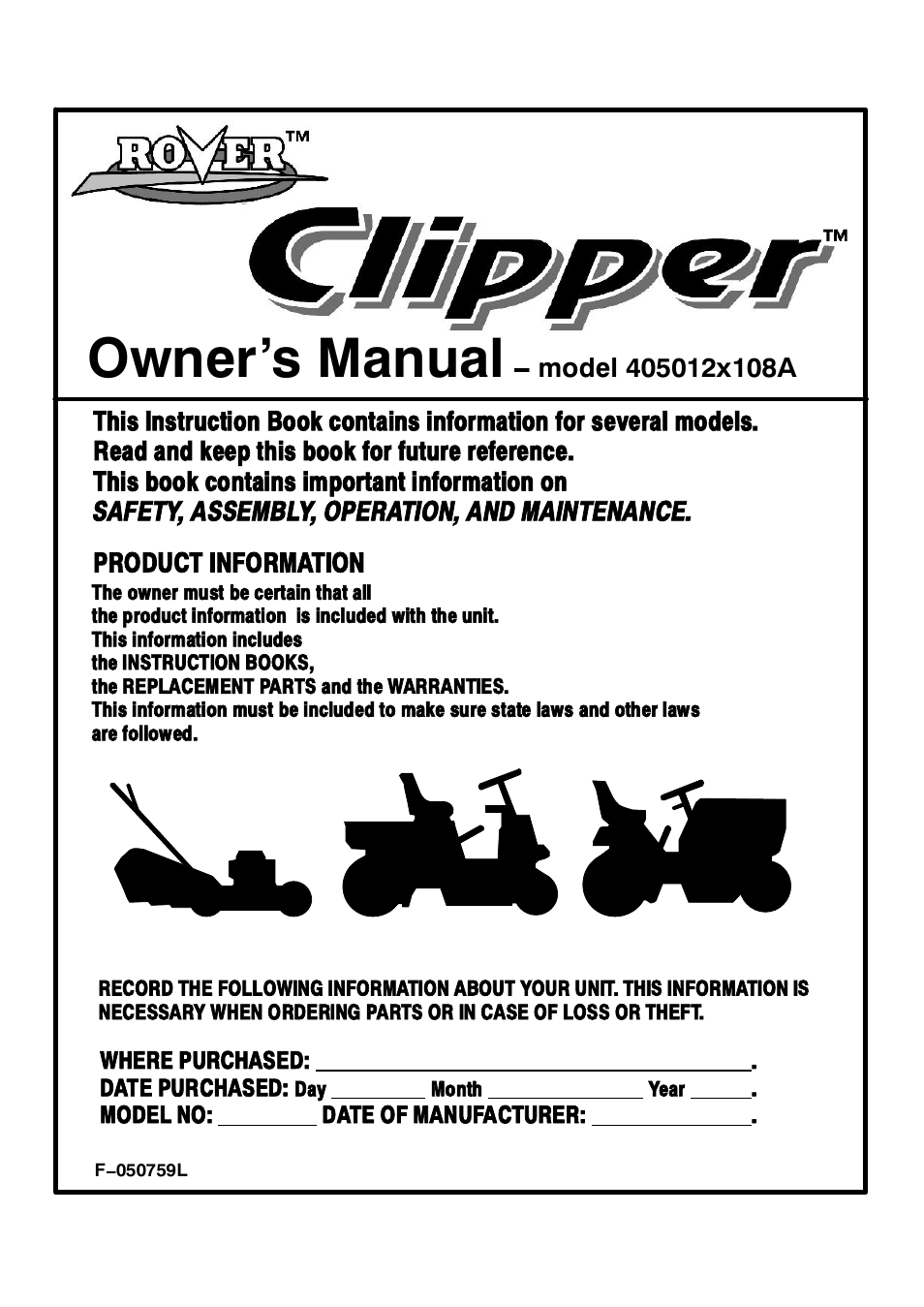 Rover Clipper 405012x108A User Manual | 52 pages