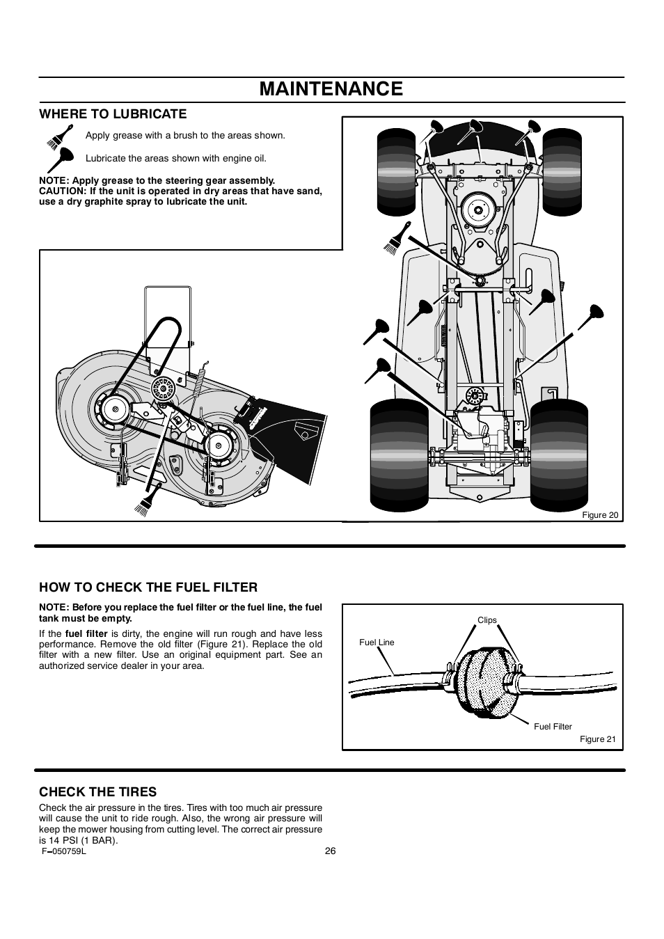 Maintenance, Where to lubricate, How to check the fuel filter | Check the tires | Rover Clipper 405012x108A User Manual | Page 26 / 52