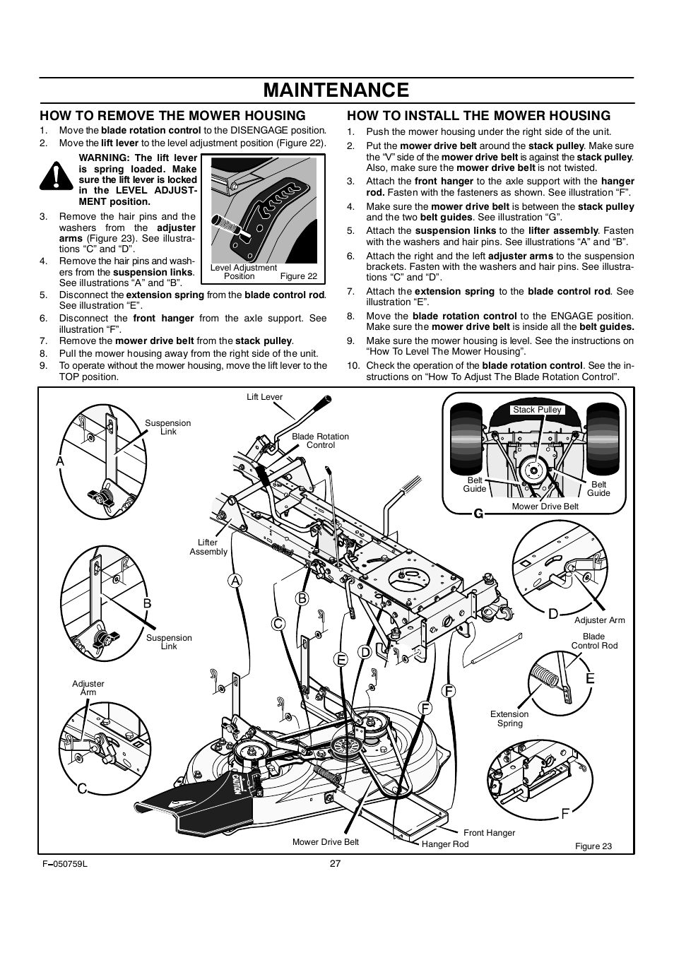 Maintenance, How to remove the mower housing, How to install the mower housing | Rover Clipper 405012x108A User Manual | Page 27 / 52