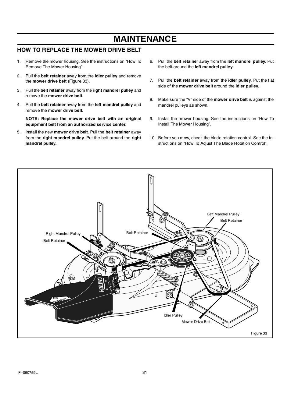 Maintenance, How to replace the mower drive belt | Rover Clipper 405012x108A User Manual | Page 31 / 52