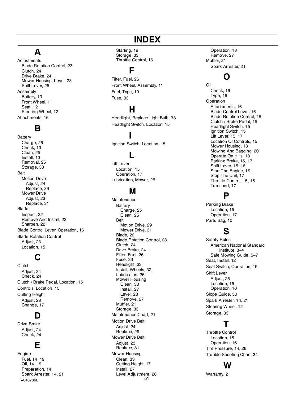 Index | Rover Clipper 405012x108A User Manual | Page 51 / 52