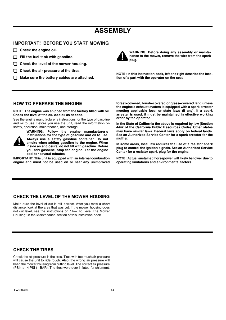 Assembly, Important! before you start mowing, How to prepare the engine | Check the level of the mower housing, Check the tires | Rover Clipper 405606x108A User Manual | Page 14 / 52