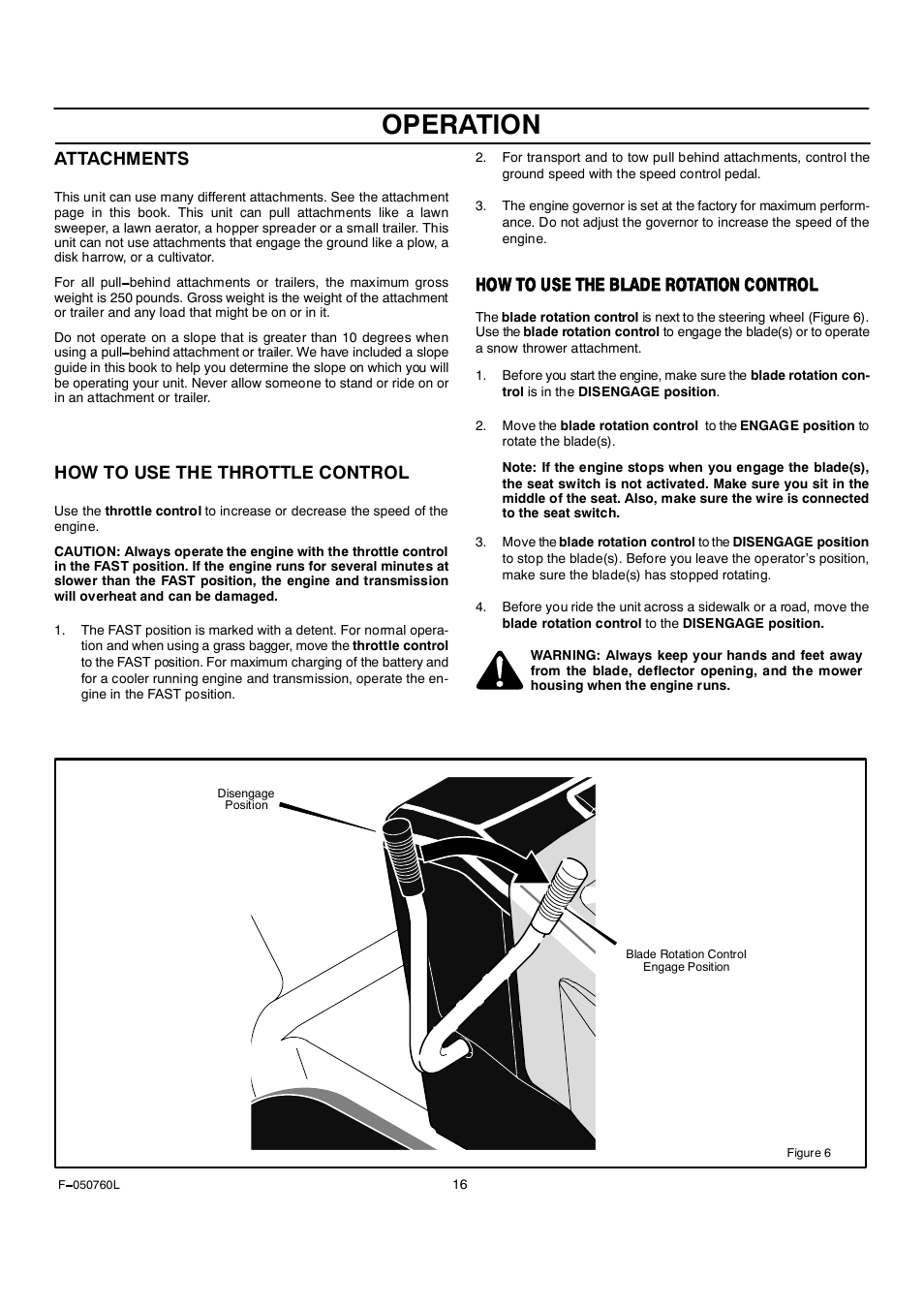 Operation, Attachments, How to use the throttle control | Шсй мс лны мшы юфяьы осмямчст эстмосф | Rover Clipper 405606x108A User Manual | Page 16 / 52