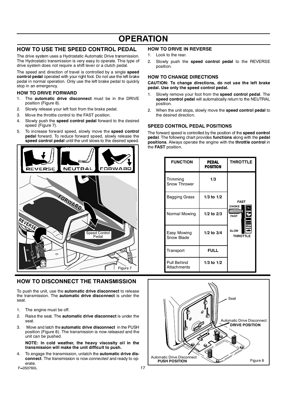 Operation, How to use the speed control pedal, How to disconnect the transmission | Rover Clipper 405606x108A User Manual | Page 17 / 52