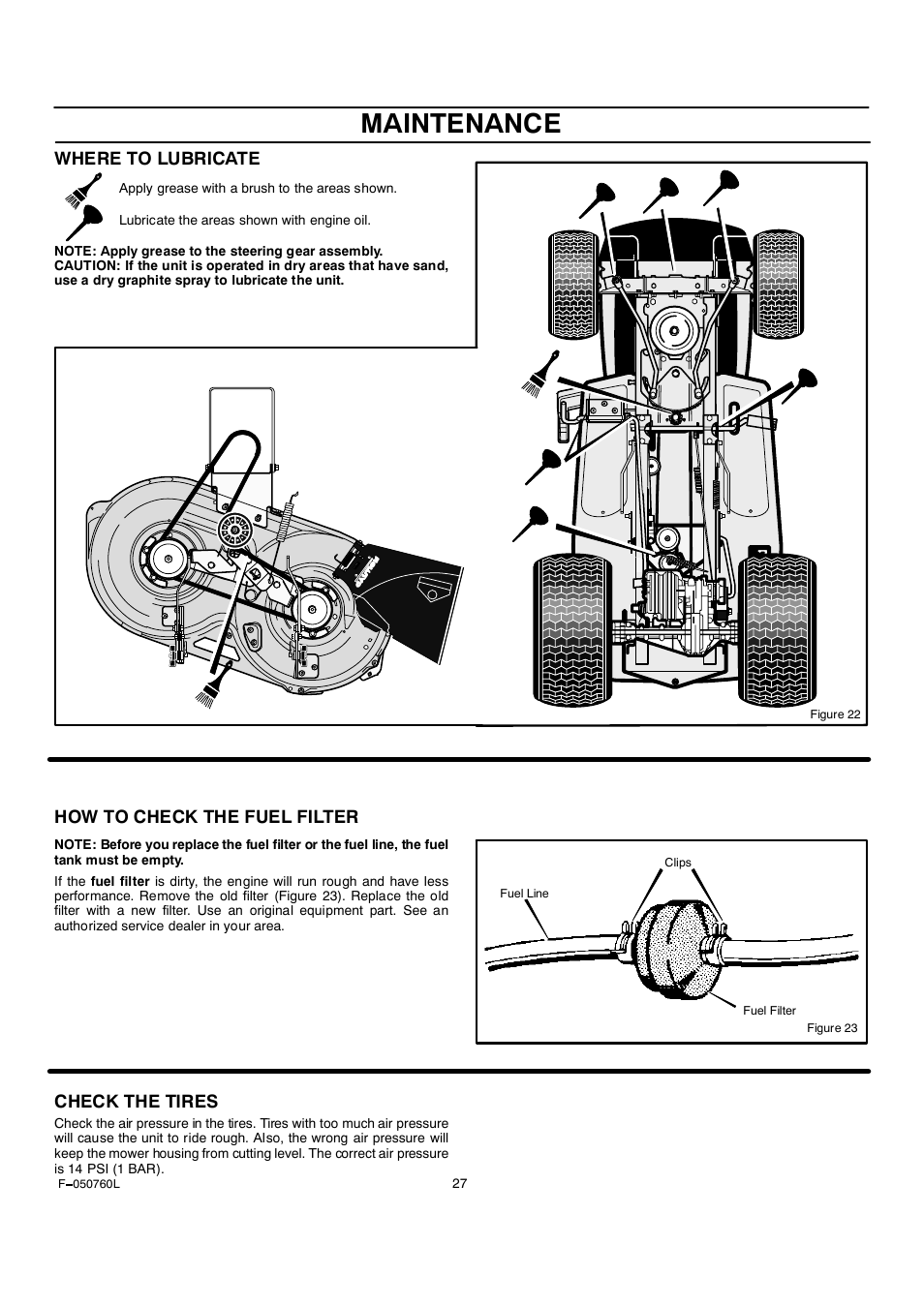 Maintenance, Where to lubricate, How to check the fuel filter | Check the tires | Rover Clipper 405606x108A User Manual | Page 27 / 52