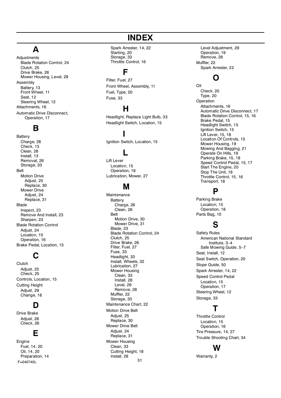 Index | Rover Clipper 405606x108A User Manual | Page 51 / 52